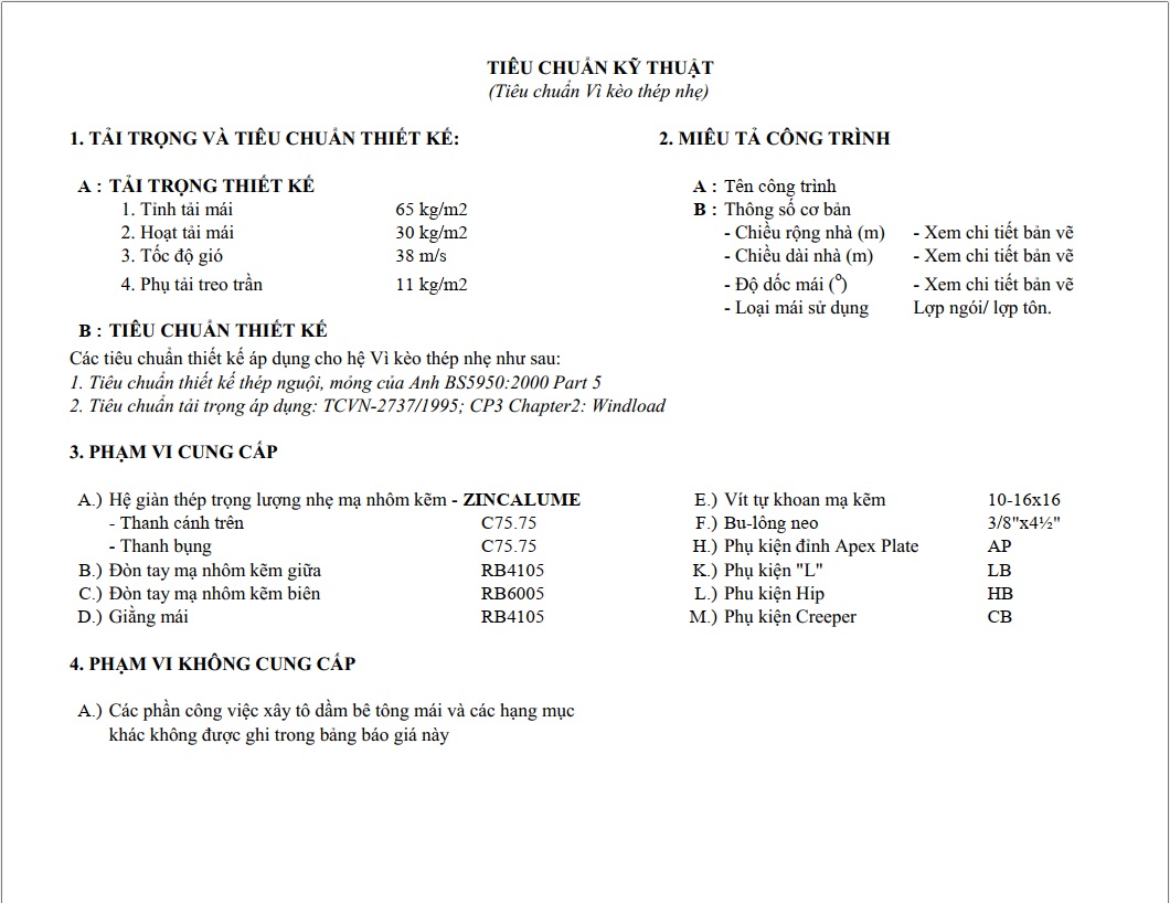 Tiêu chuẩn kỹ thuật kèo thép nhẹ